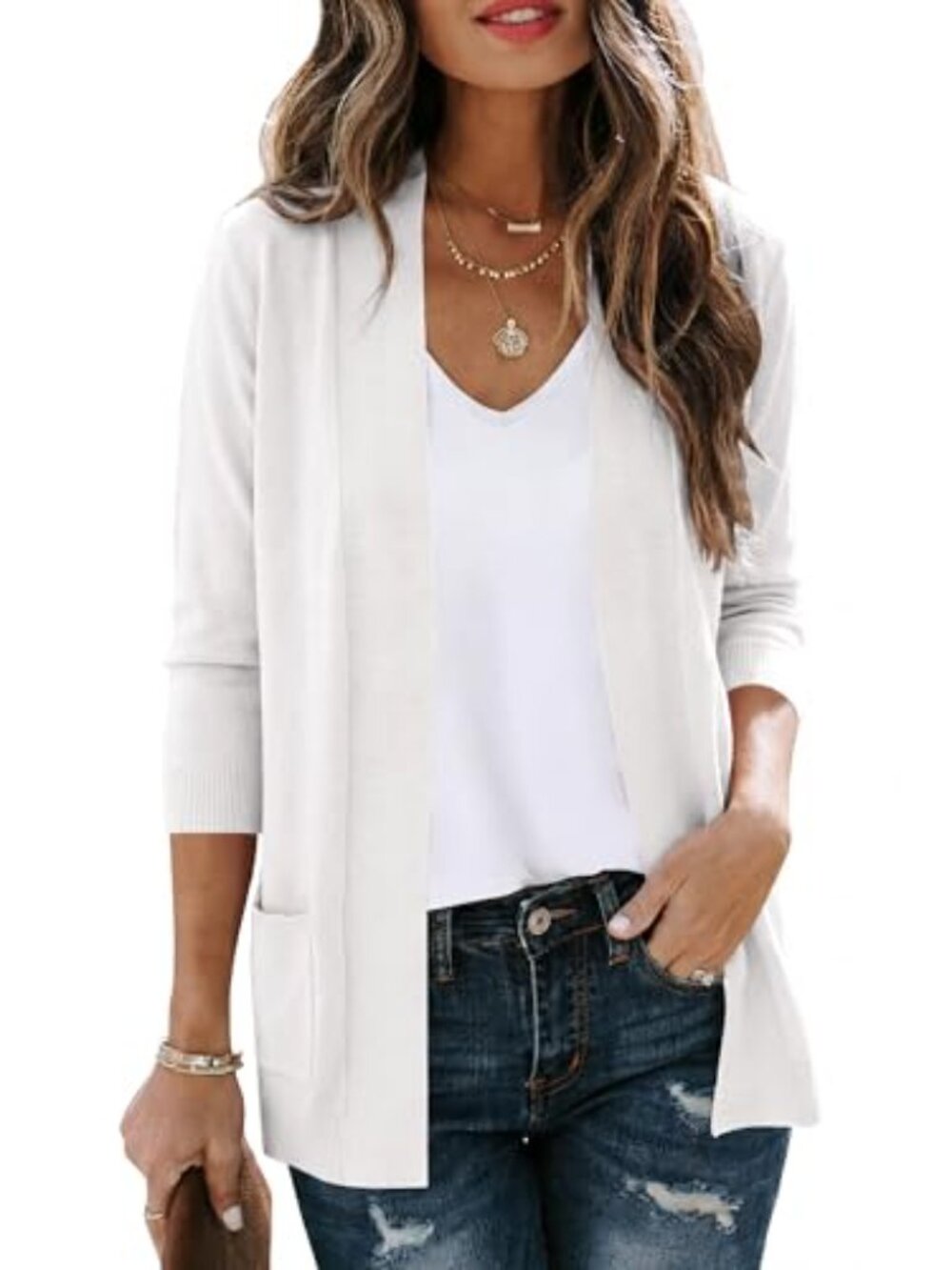 Lightweight Open Front Cardigan with Pockets, V-Neck, 3/4 Sleeve, Knit - Picture 4 of 5
